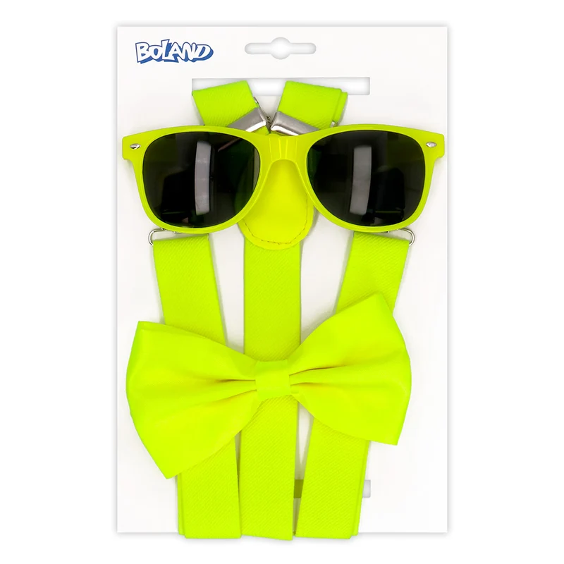 Partyset Hosenträger, Brille und Fliege | Neon Gelb