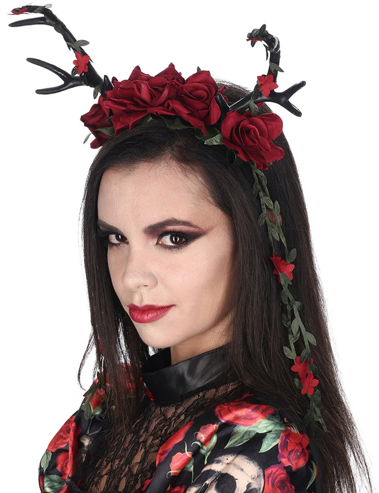 Haarreif mit Geweih und Rosen - Kostümzubehör Dunkle Fee | Schwarz Rot