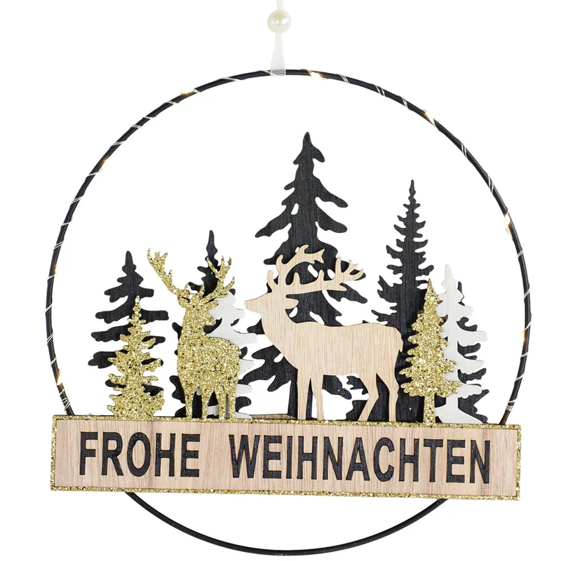 LED Dekohänger Schriftzug "Frohe Weihnachten" Ø 24 cm Schwarz Gold | 12207 - Weihnachtsdekoration