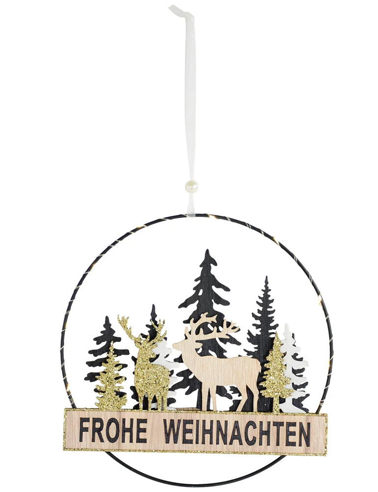 LED Dekohänger Schriftzug "Frohe Weihnachten" Ø 24 cm Schwarz Gold | 12207 - Weihnachtsdekoration