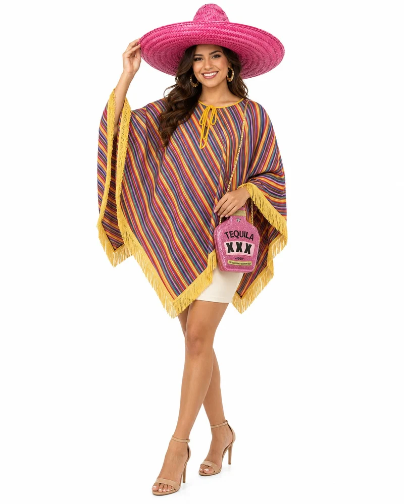 Hochwertiges Mexikanerin Kostüm Set für Damen | Pink | 3-teilig mit Poncho, Sombrero & Tequila Handtasche | Fiesta & Mottoparty