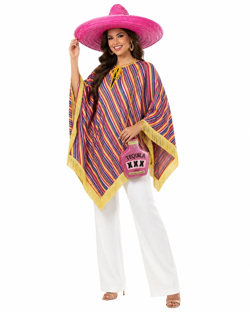 Hochwertiges Mexikanerin Kostüm Set für Damen | Pink | 3-teilig mit Poncho, Sombrero & Tequila Handtasche | Fiesta & Mottoparty