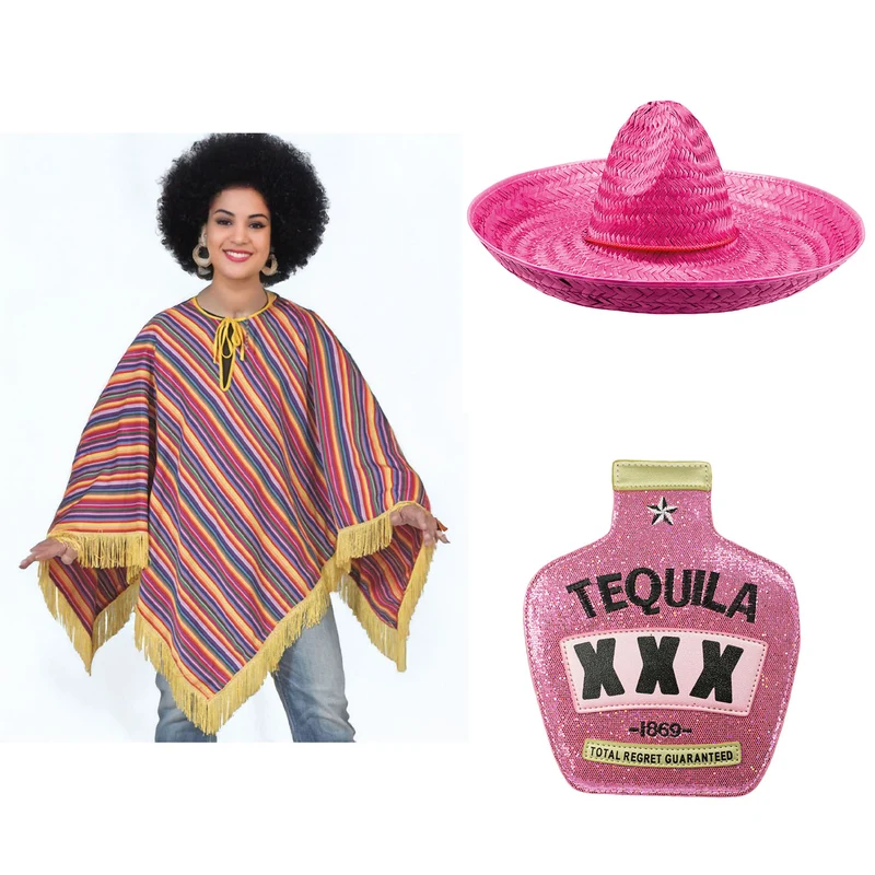 Hochwertiges Mexikanerin Kostüm Set für Damen | Pink | 3-teilig mit Poncho, Sombrero & Tequila Handtasche | Fiesta & Mottoparty