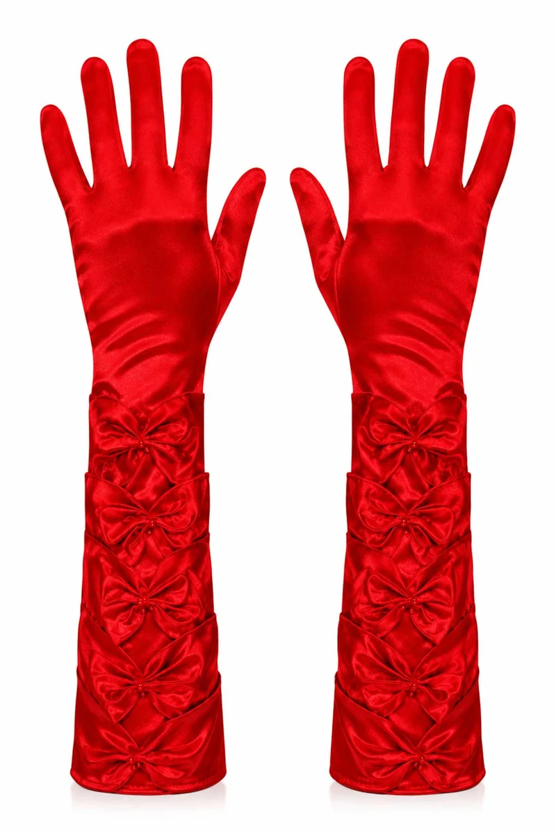 Damen Satin Handschuhe mit Schleifen und Perlen | Rot