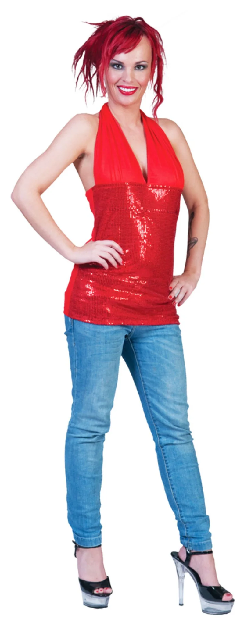 Disco Party Neckholder Top Glitzer Rot