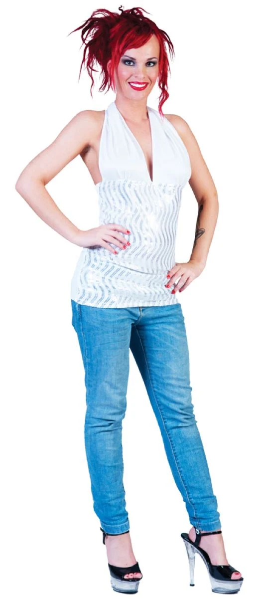 Disco Party Neckholder Top Glitzer Weiß Silber