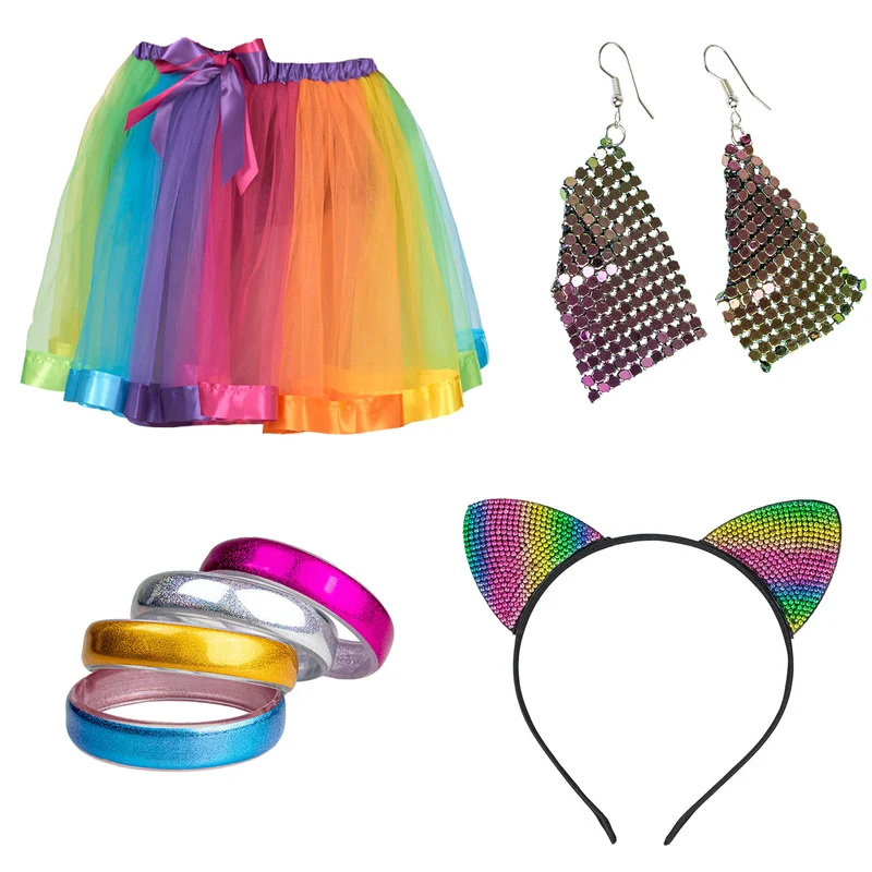 Regenbogen Disco Set für Damen | 4-teilig mit Rock, Haarreif, Haarreifen & Ohrringen | Party & Mottoparty Kostüm 70er 80er