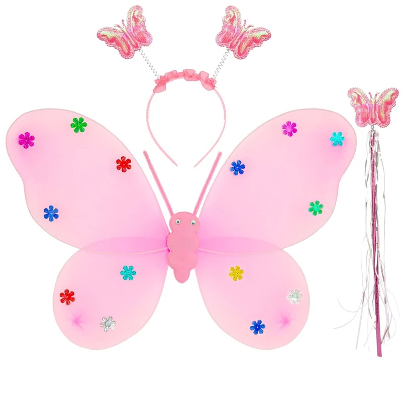 Schmetterlings-Set 3-tlg. Haarreif, Flügel und Zauberstab | Rosa