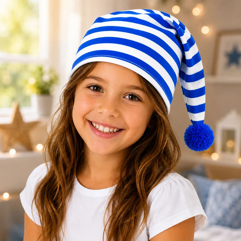 Kinder Schlafmütze mit Bommel - Baumwolle | Blau Weiß
