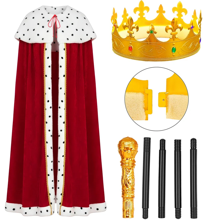König oder Königin Kostüm Set | Umhang, Krone, Zepter