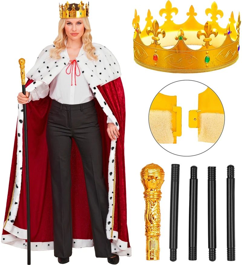 König oder Königin Kostüm Set | Umhang, Krone, Zepter