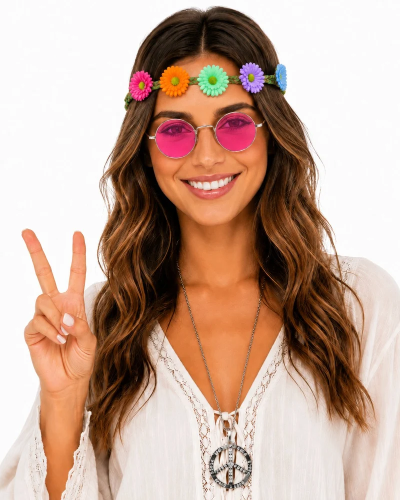 Hippie Set 3-tlg. - Margeriten Haarband, Peace Kette und Lennon Brille | Rosa