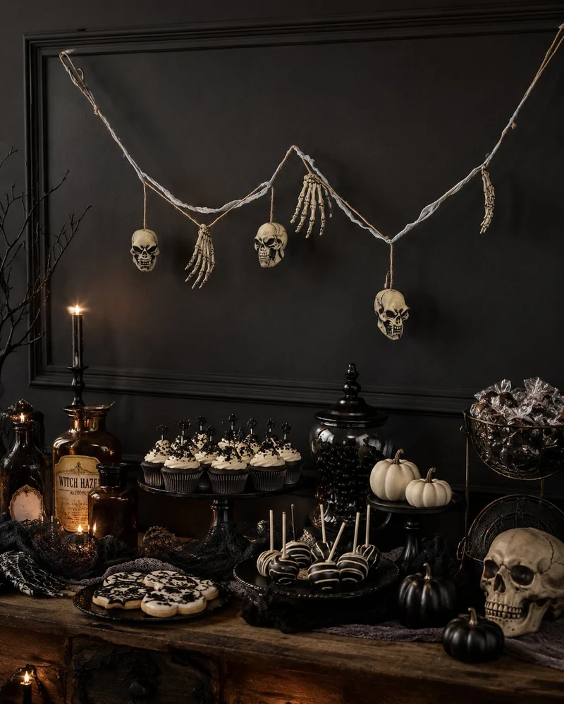 XXL Knochen und Totenkopf Girlande - 180 cm | Gruselige Party Halloween Dekoration
