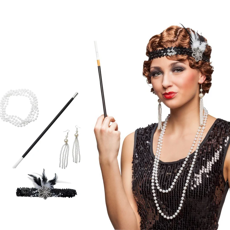 20er Jahre Charleston Kostümset "Flapper" 5-tlg. - 414045 | Schwarz Weiß