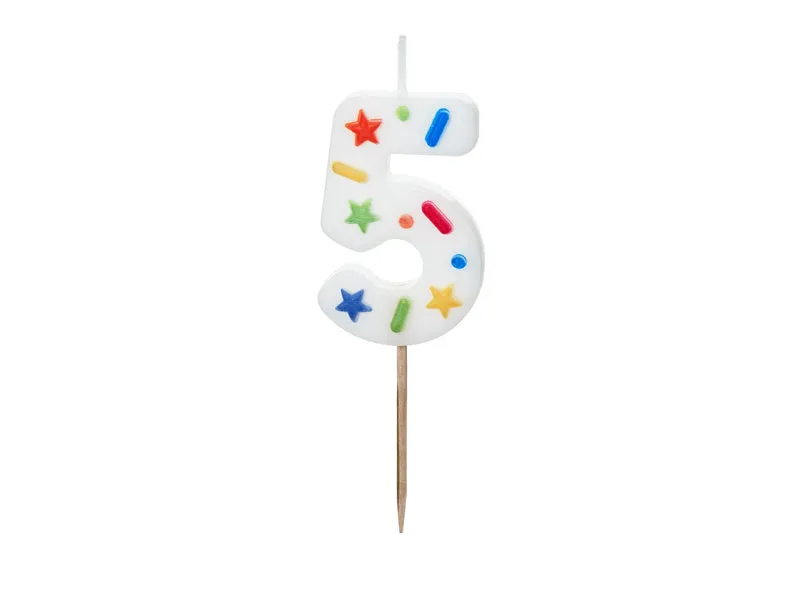 Zahlenkerze 5,5 cm Weiß Konfetti #5
