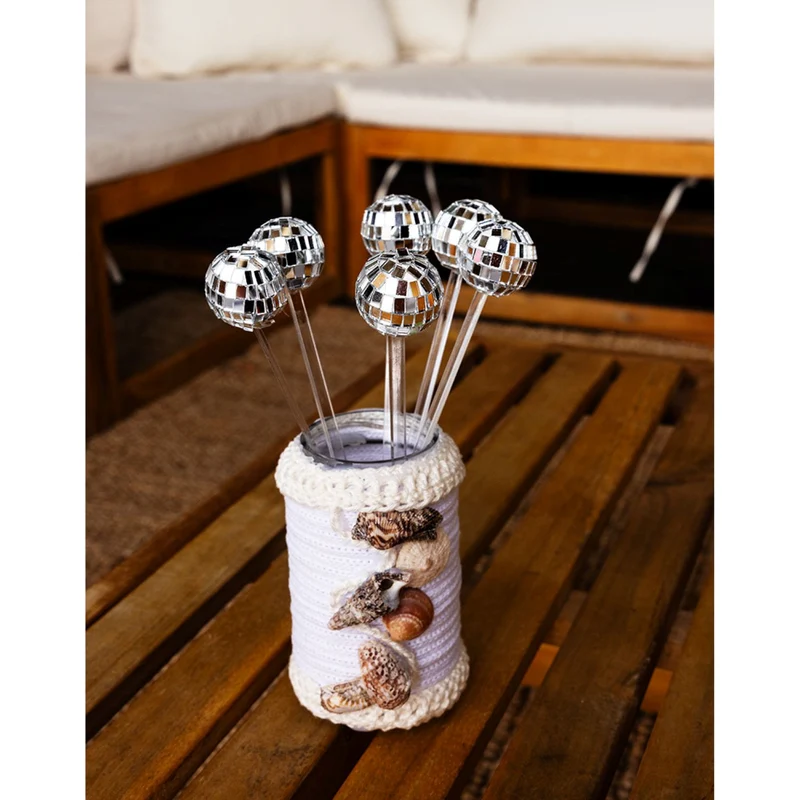 Rührstäbchen-Set "Discokugel" | 6 Stück - Silber - 20 cm