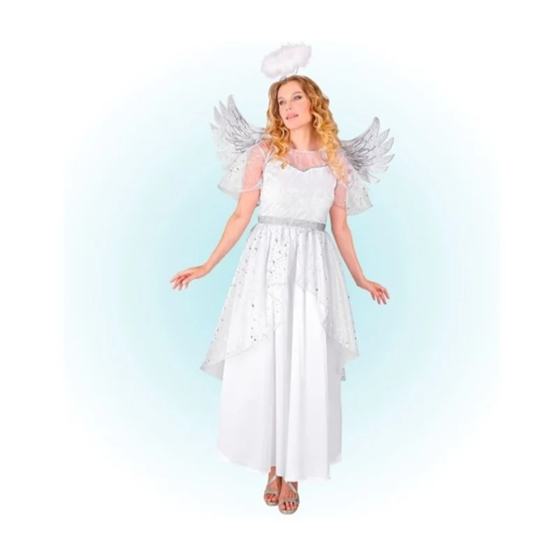 Kostüm "Engel" für Damen | Weiß Silber | Kleid, Flügel, Heiligenschein