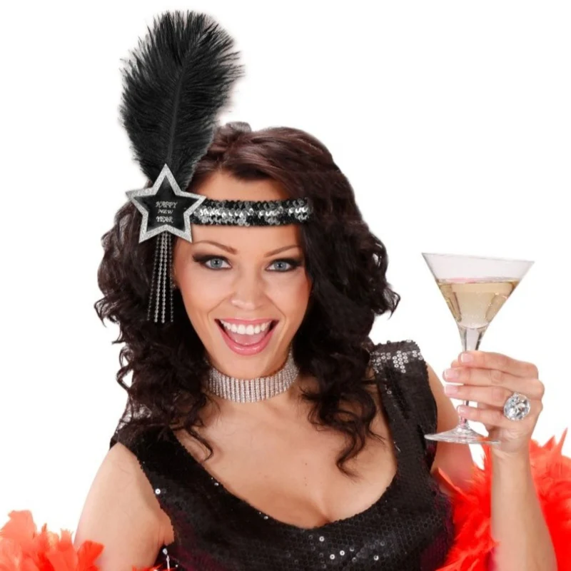 Charleston Pailletten Feder Stirnband "Happy New Year" | Silber