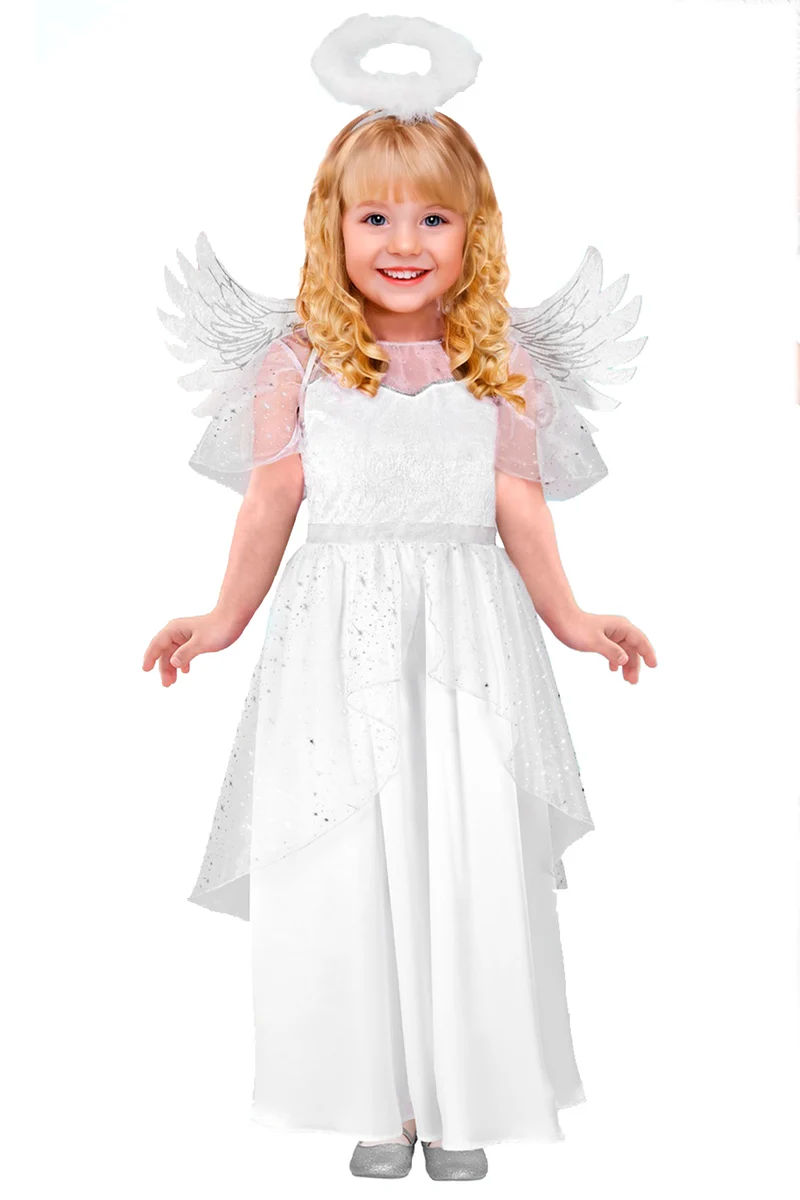 Kostüm "Engel" für Kinder | Weiß Silber | Kleid, Flügel und Heiligenschein