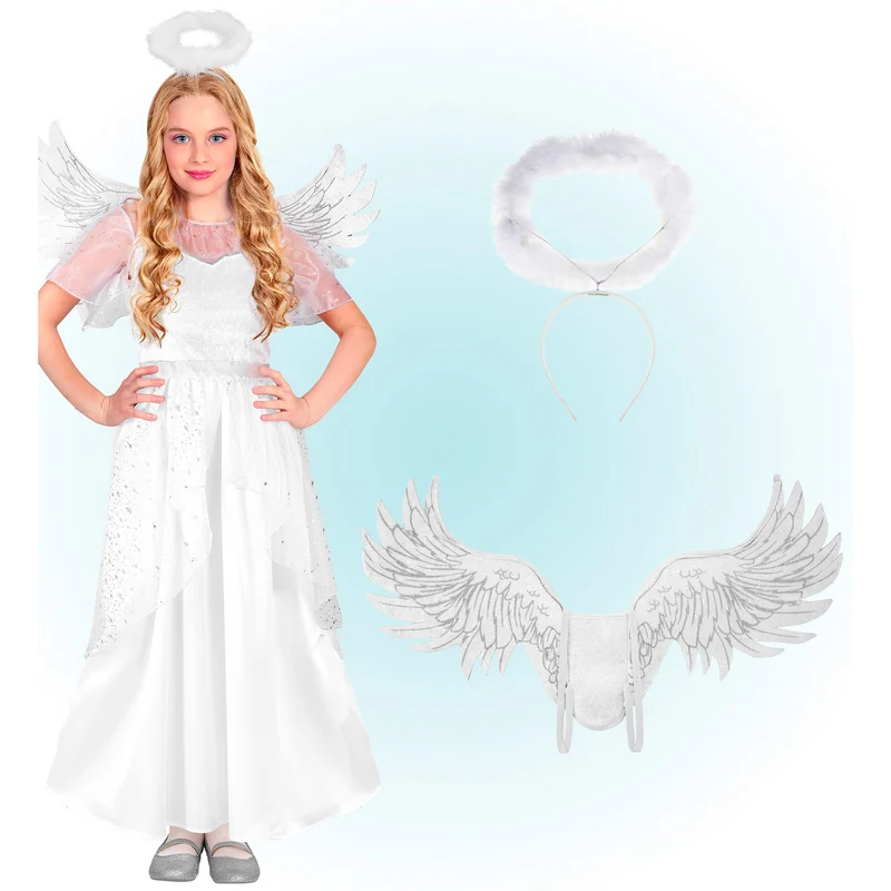 Kostüm "Engel" für Kinder | Weiß Silber | Kleid, Flügel und Heiligenschein