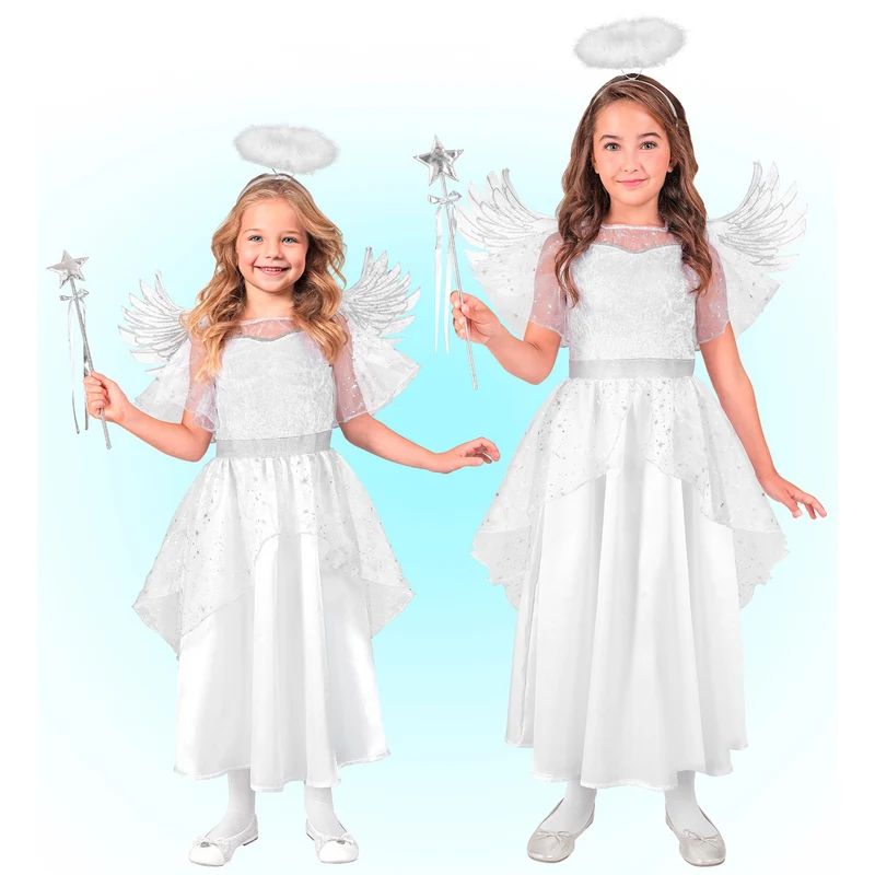 Kostüm "Engel" für Kinder | Weiß Silber | Kleid, Flügel und Heiligenschein