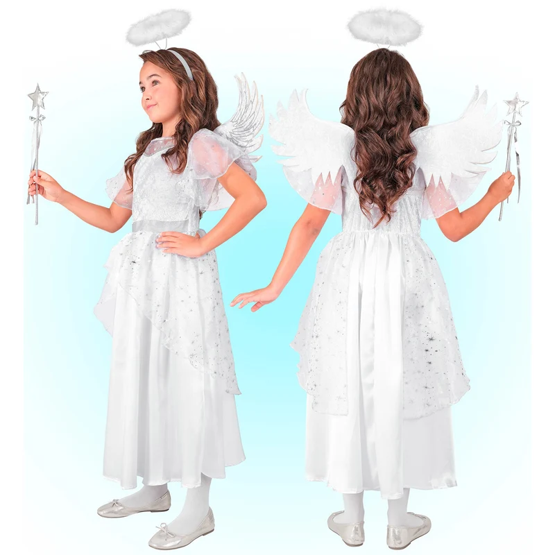 Kostüm "Engel" für Kinder | Weiß Silber | Kleid, Flügel und Heiligenschein