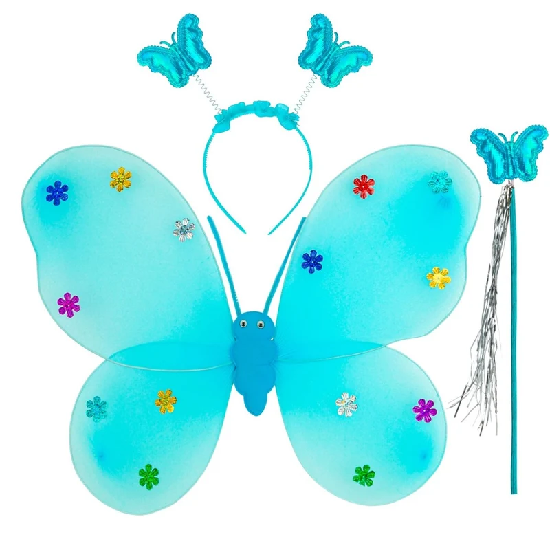 Schmetterlings-Set 3-tlg. Haarreif, Flügel und Zauberstab | Blau