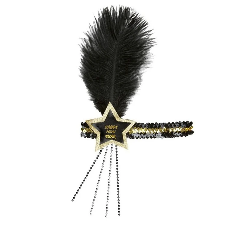 Charleston Pailletten Feder Stirnband "Happy New Year" | Gold