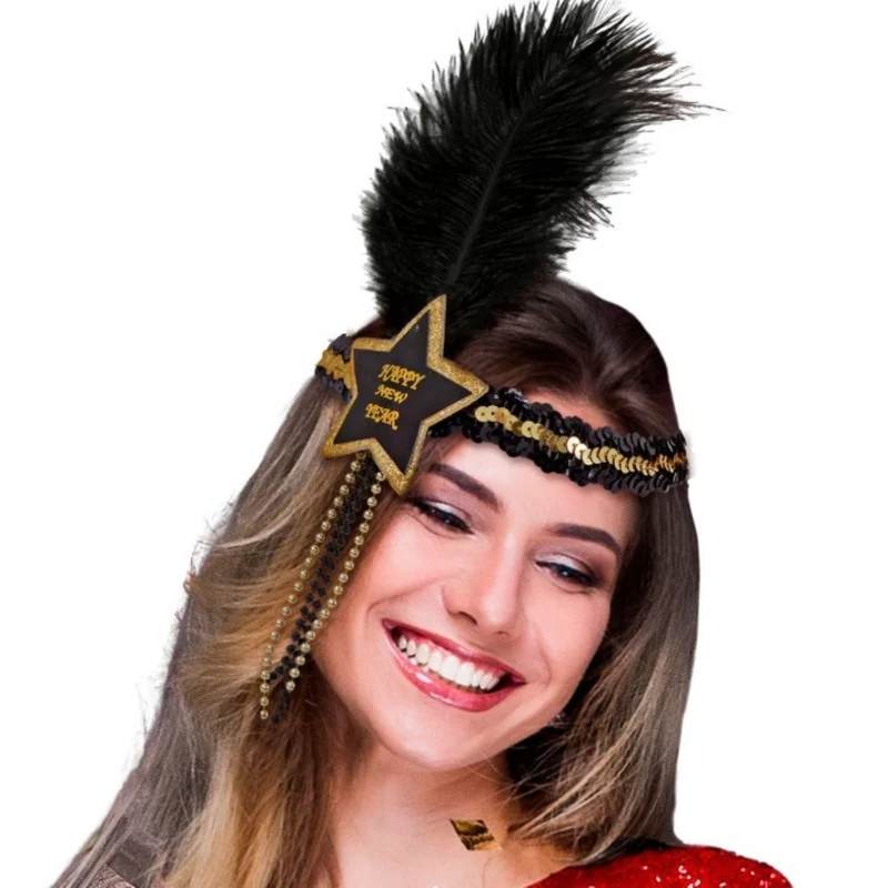 Charleston Pailletten Feder Stirnband "Happy New Year" | Gold