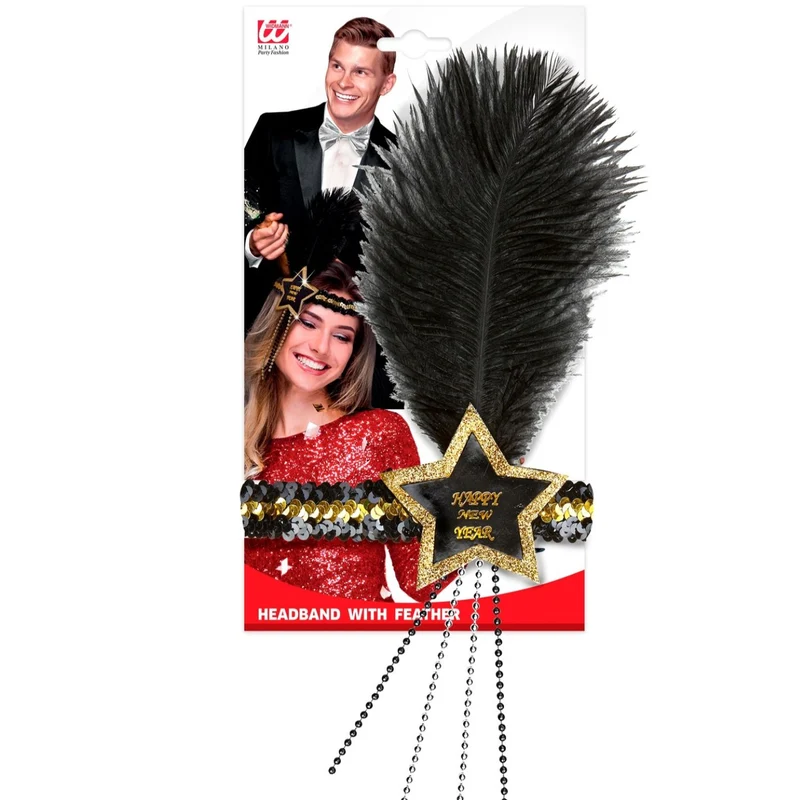 Charleston Pailletten Feder Stirnband "Happy New Year" | Gold