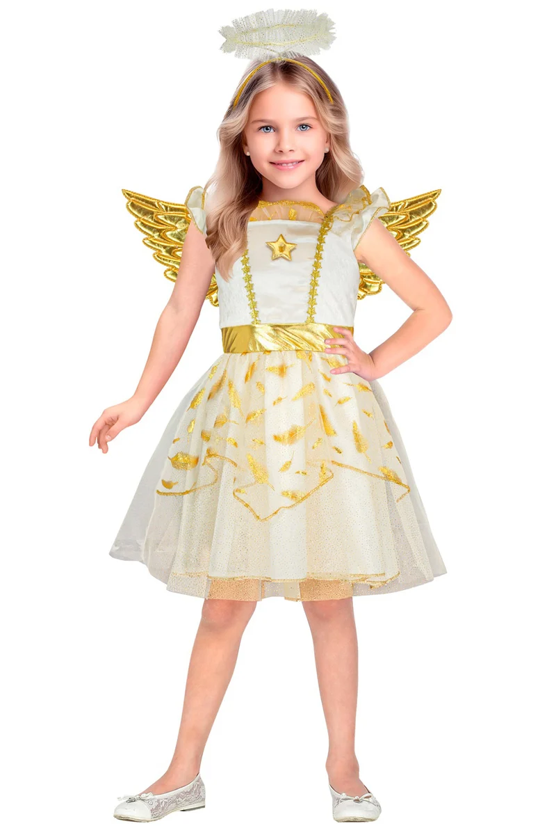 Kostüm "Engel" für Kinder Weiß Gold | Kleid, Flügel und Heiligenschein