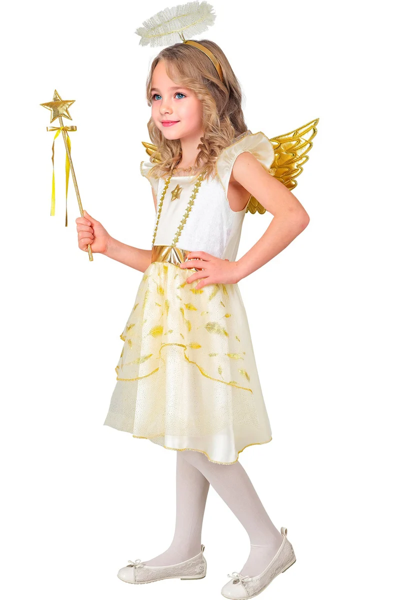 Kostüm "Engel" für Kinder Weiß Gold | Kleid, Flügel und Heiligenschein