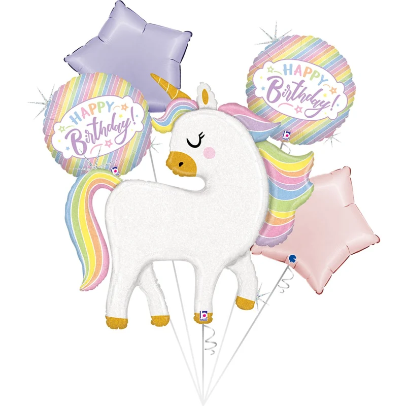 SET Shape Folienballon Einhorn "Happy Birthday" | 1 Shape, 2 Rundballons, 2 Sterne