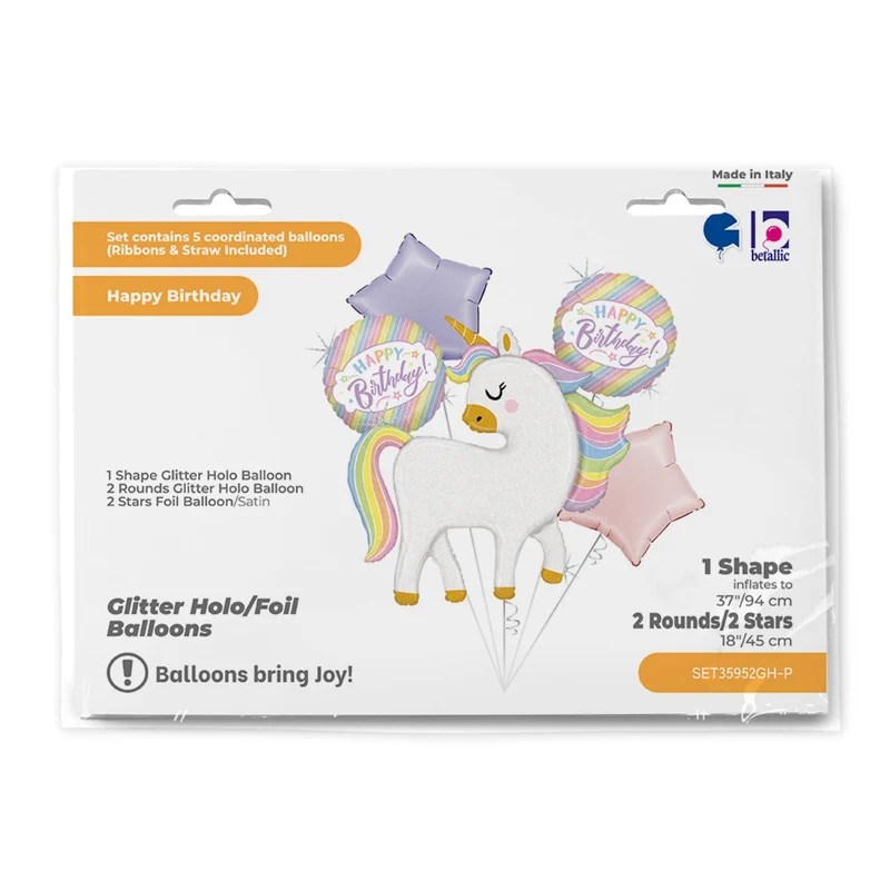 SET Shape Folienballon Einhorn "Happy Birthday" | 1 Shape, 2 Rundballons, 2 Sterne