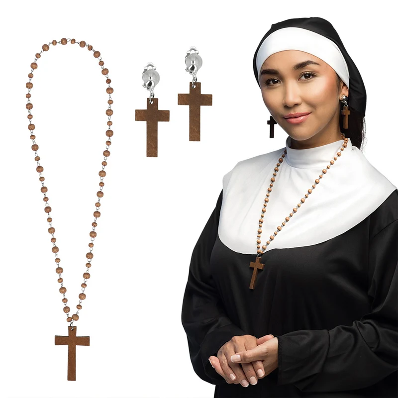 Kostüm-Set "Nonne" 3-tlg. | Braun - Halskette und Ohrringe