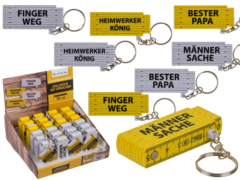 Metall Schlüsselanhänger Zollstock mit Sprüchen 2-farbig | 4-fach sortiert