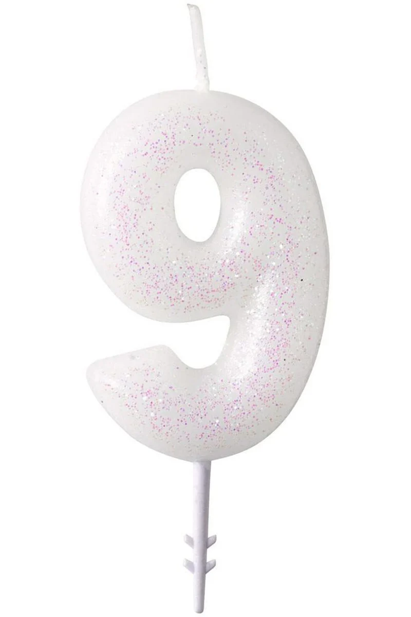 Zahlen Geburtstagskerze Glitzer Weiß Rosa 6,5cm | Zahl 9