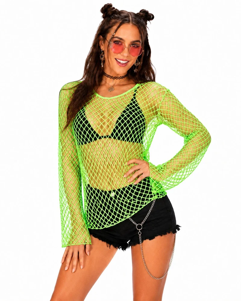 Neon Netzshirt Damen | Grün - 80er Rave Disco Festival Kostüm