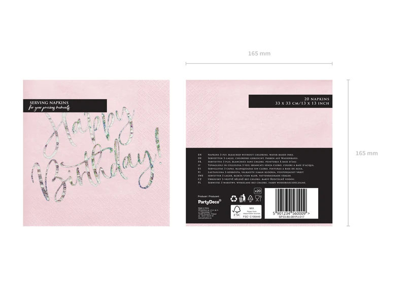 Servietten "Happy Birthday" 20Stk./33x33cm | Rosa