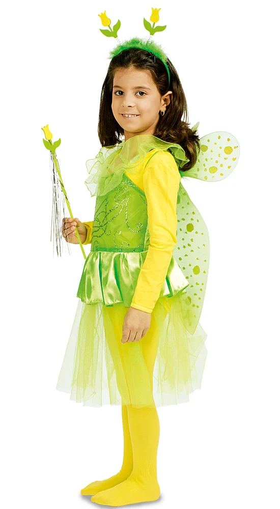 Kleine Tulpe Feenset für Mädchen 4-tlg. - Gelb Grün - Kinder Kostüm Elfe Feenflügel Blumenstab