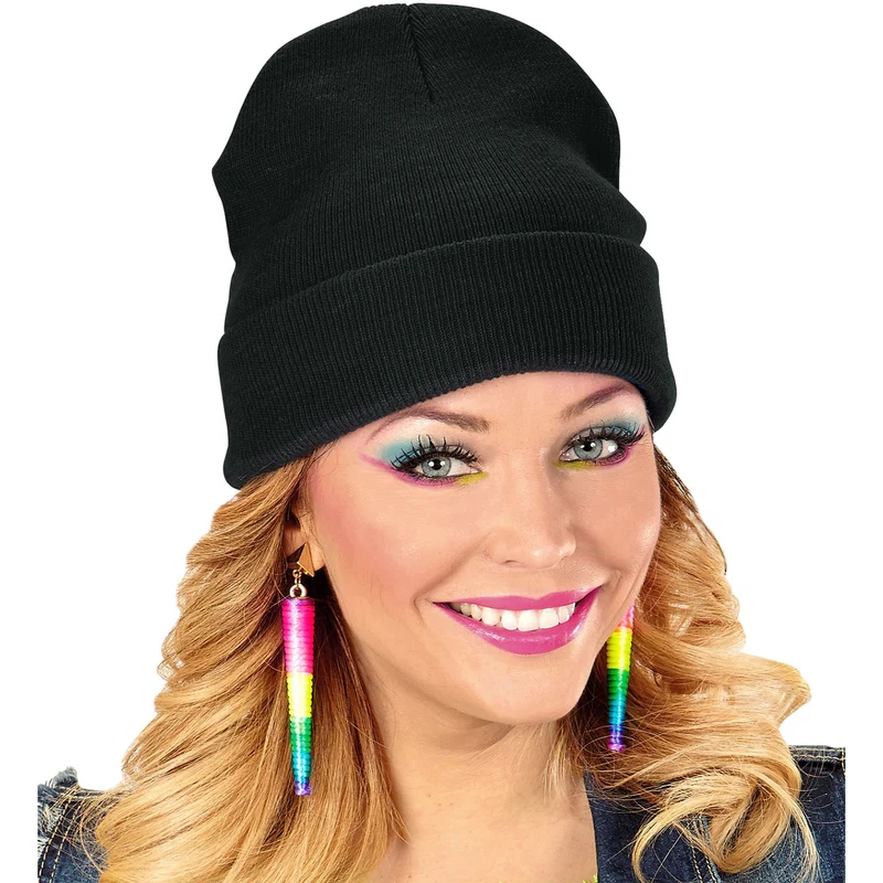 80er Jahre Kostüm Beanie Mütze | Schwarz