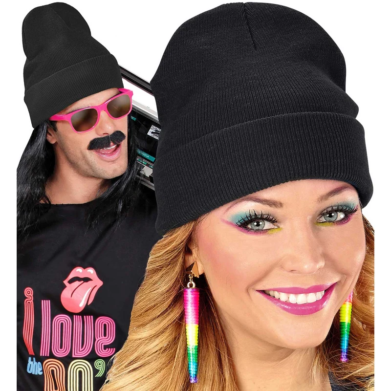 80er Jahre Kostüm Beanie Mütze | Schwarz