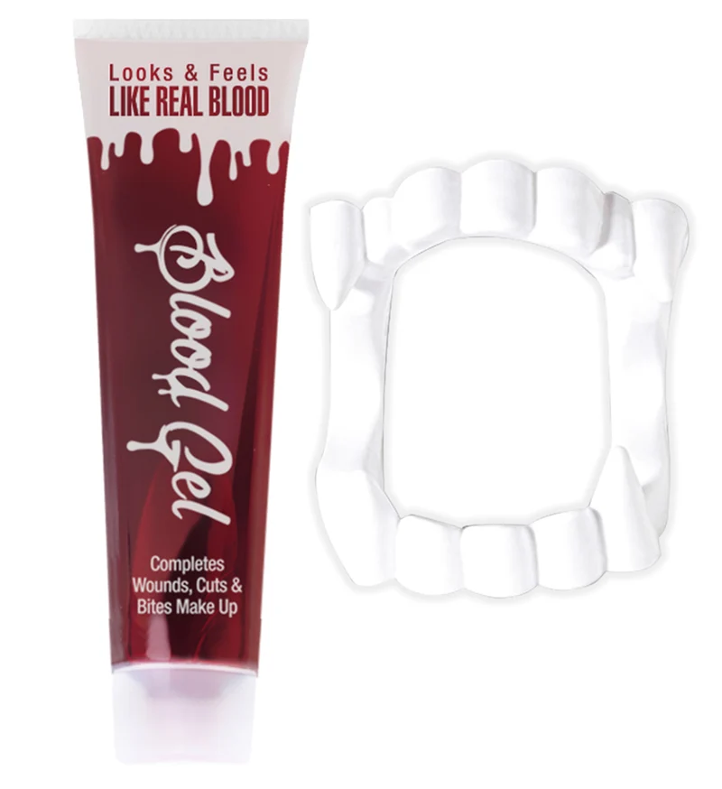 Kunstblut in der Tube mit Vampir Gebiss - 28 ml | Halloween Dekoration Fakeblood Vampirblut