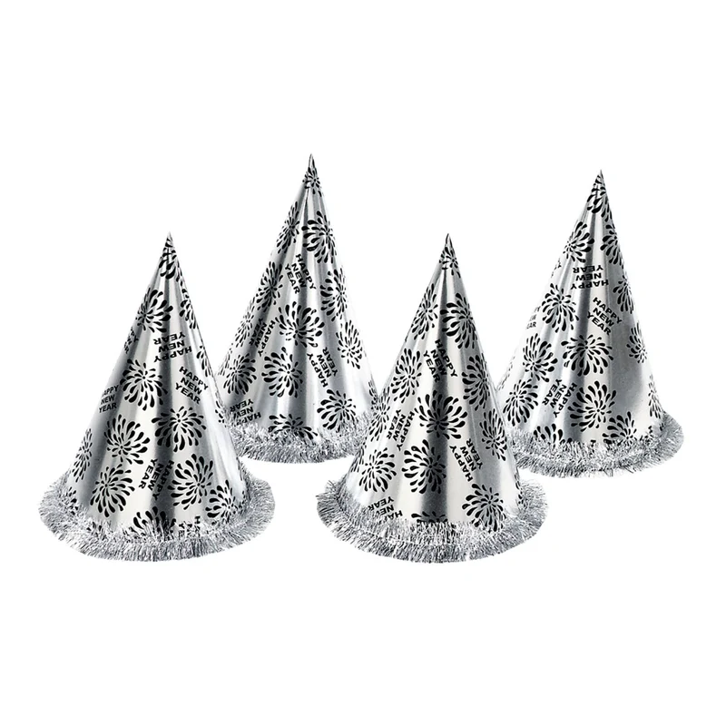 Kegelhut mit Fransen "Happy New Year" 28 cm | Silber