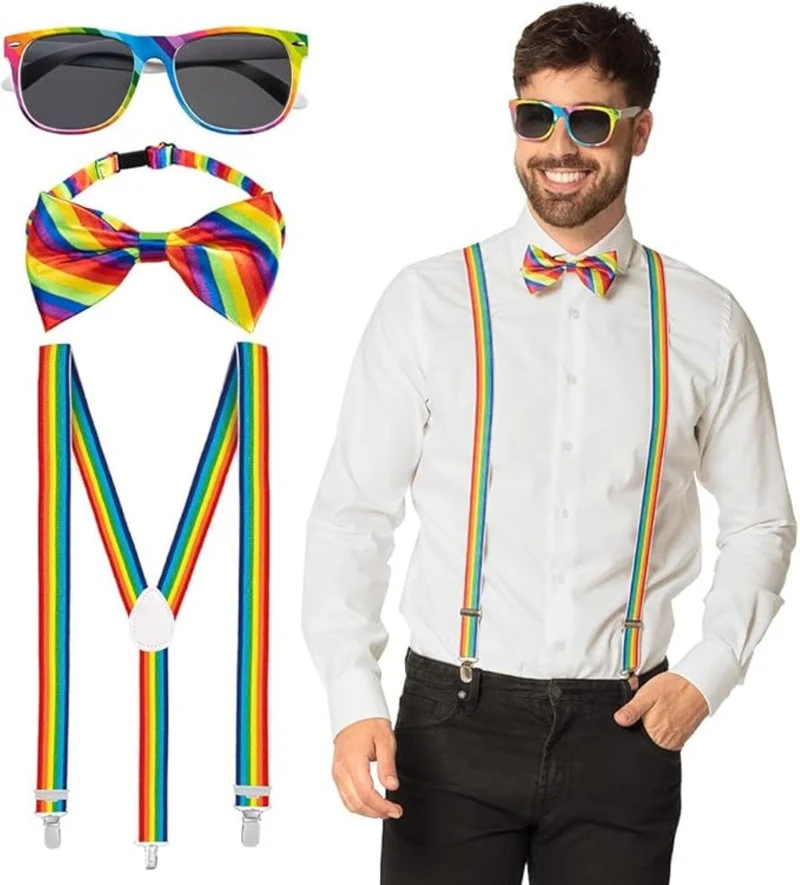 Partyset Hosenträger, Brille und Fliege | Regenbogen