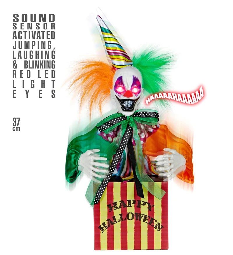Clown in the Box 37 cm | Animierte Halloweenfigur Dekoration