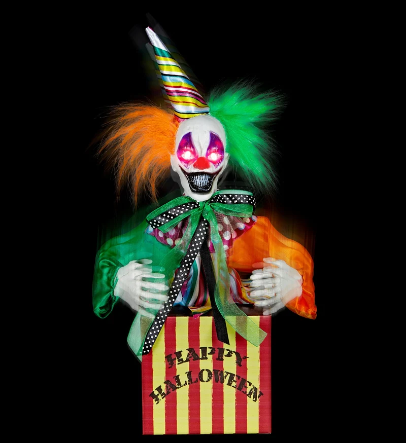 Clown in the Box 37 cm | Animierte Halloweenfigur Dekoration