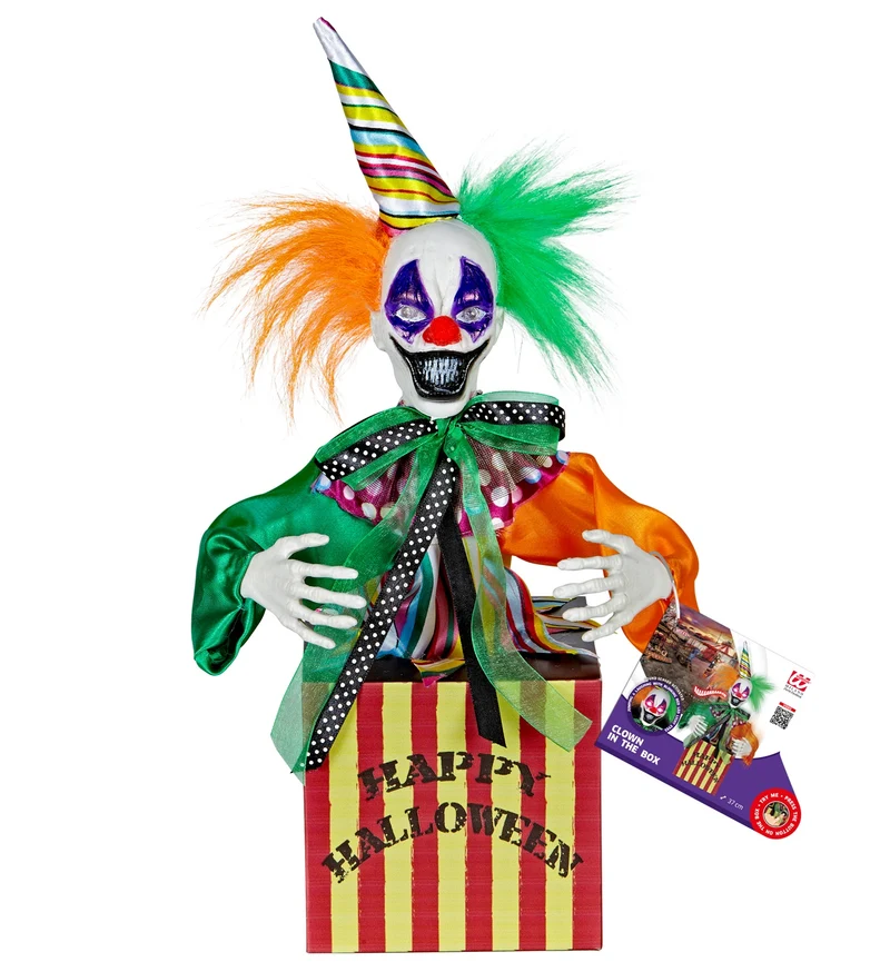 Clown in the Box 37 cm | Animierte Halloweenfigur Dekoration