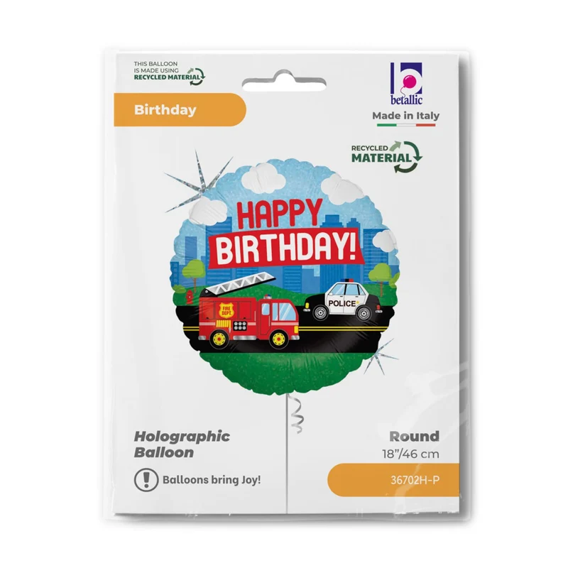 18"/Ø46cm Folienballon "Happy Birthday" Einsatzfahrzeuge