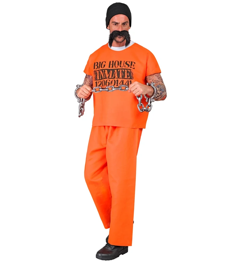 Sträfling Kostüm für Herren | Kostüm mit Bart- Orange